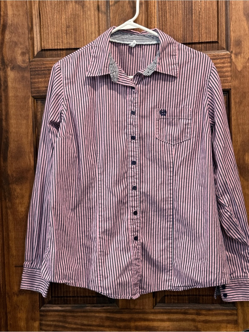 Long-Sleeve Pink & Navy Stripe Button-Up Shirt Womens cinch XXL